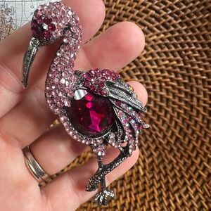 Vintage Jeweled Flamingo 4” Brooch Pendant Pin